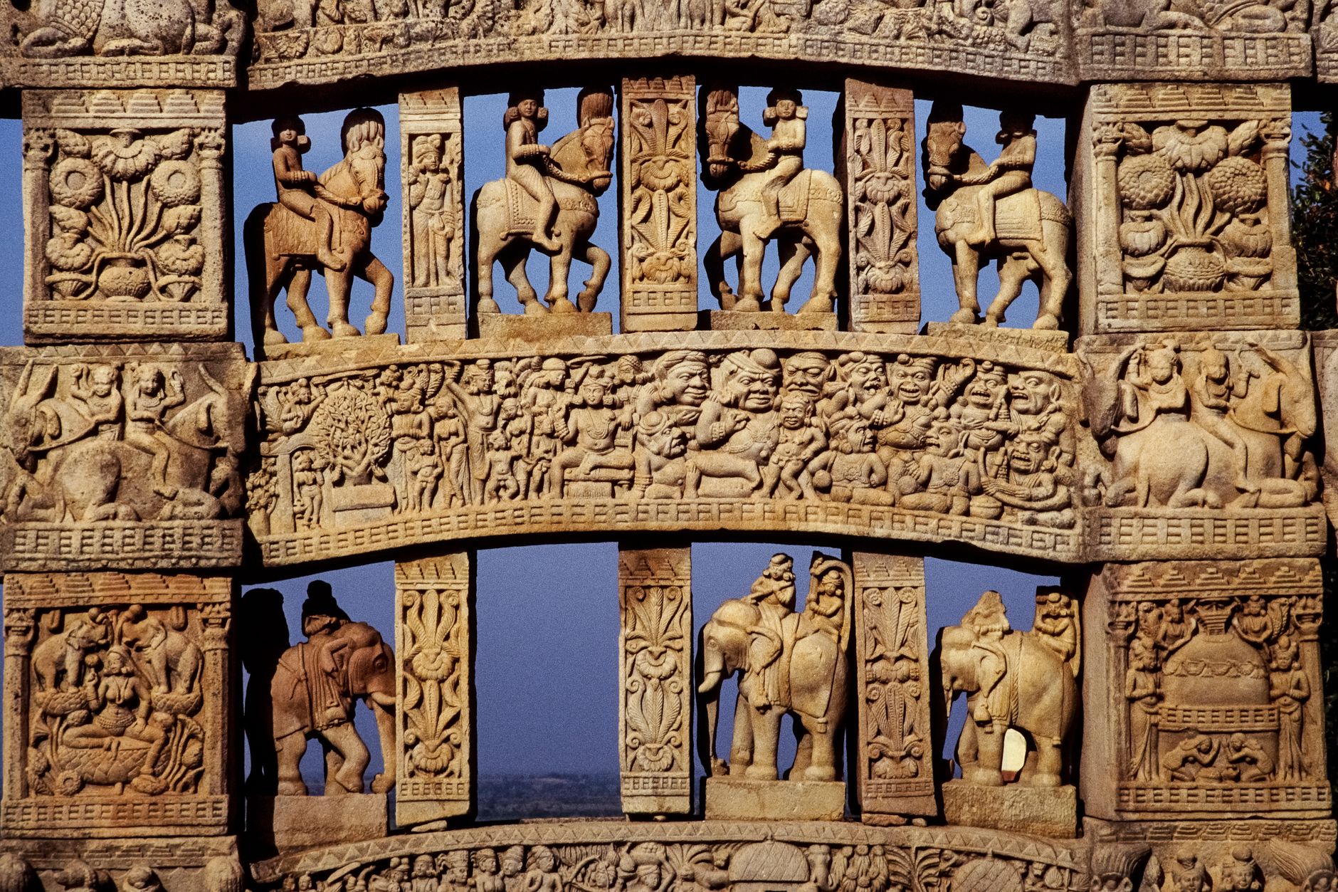Carved stone gateway detail at the Sanchi Stupa